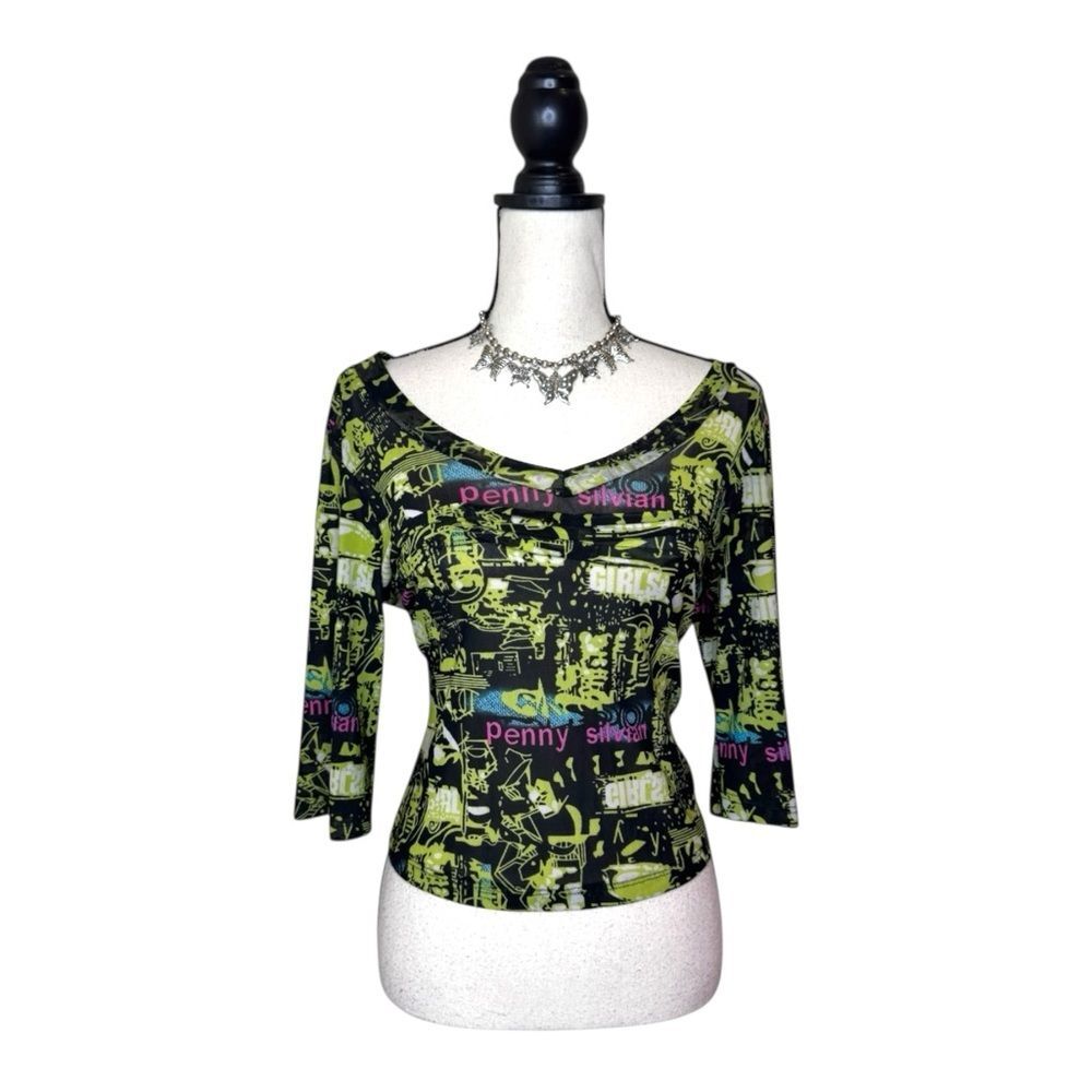 Y2K Penny Silvian Sheer Mesh Euro Graphic 3/4ths Sleeve  Top Size Large